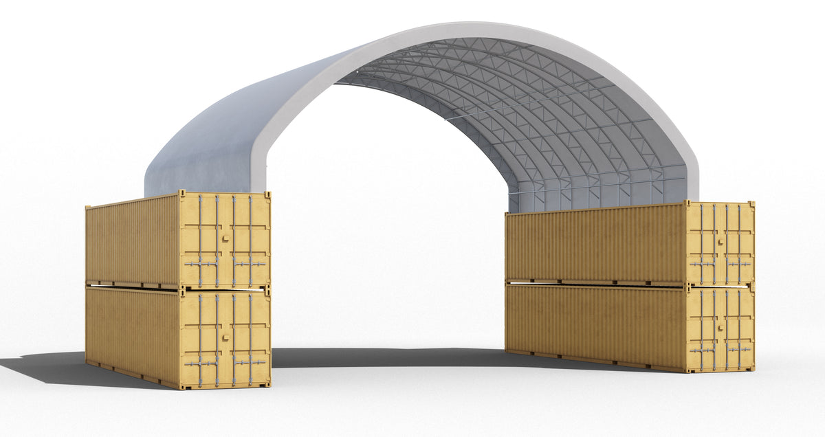 Outside to outside mounted 14m Truss container shelter, double stacked