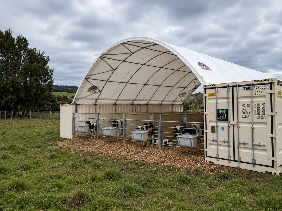 Container shelter used as a calf rearing pen