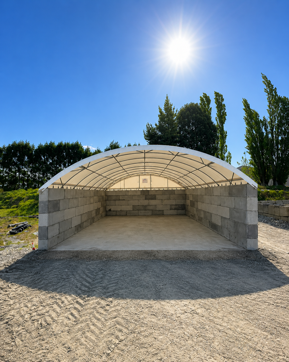 Container shelter on a 3m high block wall at a Christchurch concrete firm