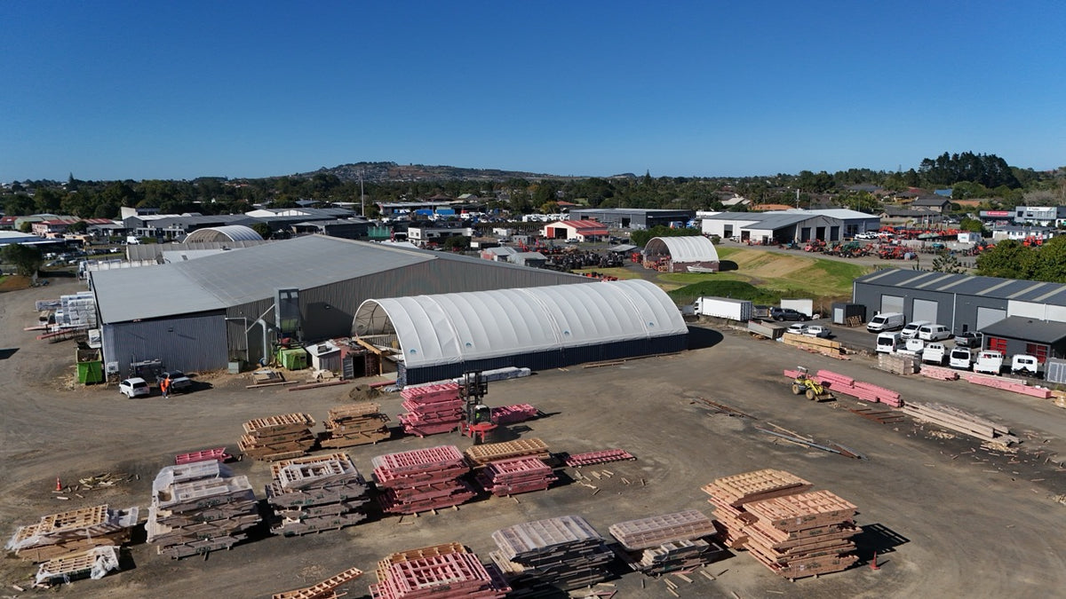 Aerial view of a 36 metre Lil' Bertha shelter in Auckland