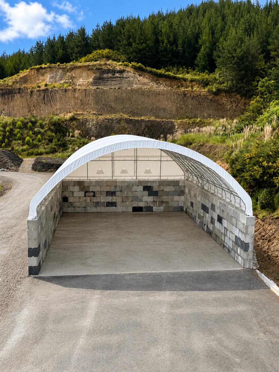 14m Truss container shelter on six-course block walls at the Rotorua District Council FOGO plant