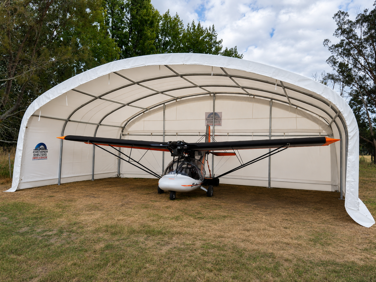Free-standing microlight hangar shelter in the Wairarapa