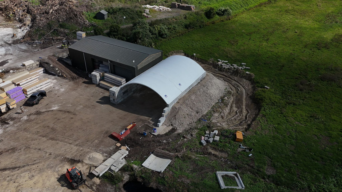 12m x 60ft container shelter on concrete blocks at a Waikato waste site