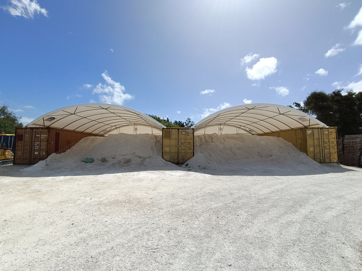 Container shelter over lime storage at a Waikato quarry