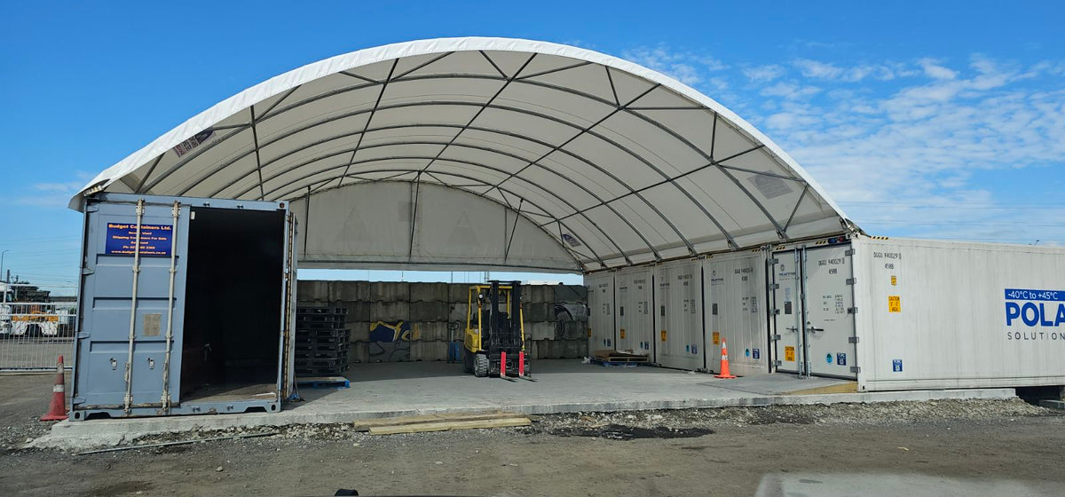 Container shelter over refrigeration containers at a Takanini transport operation