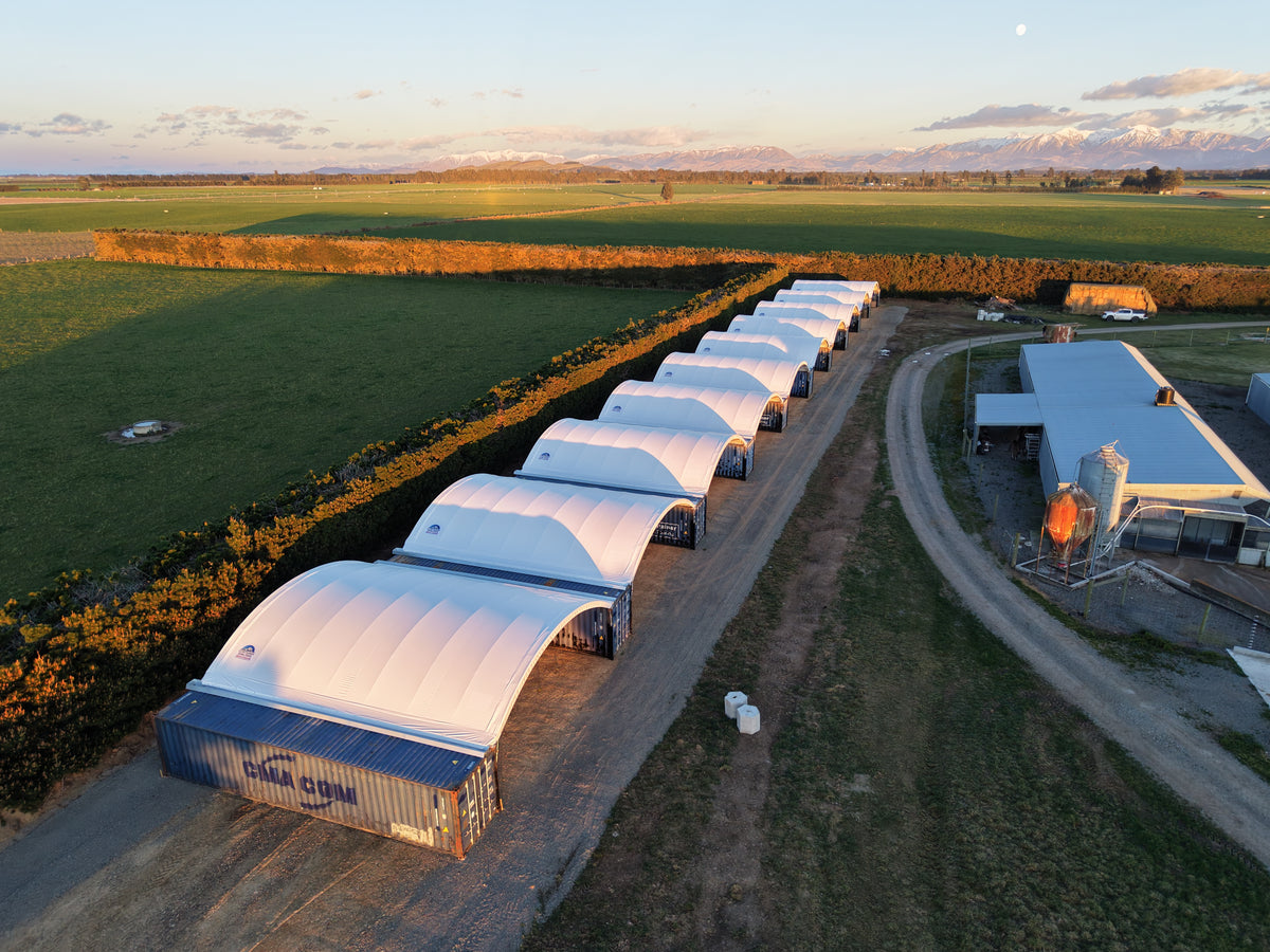 Double-stacked 8m x 40ft container shelter at a Waikato film site